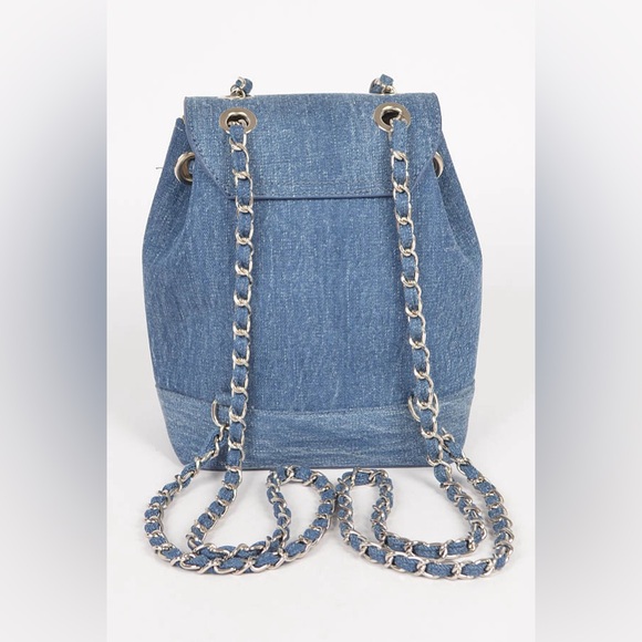 Denim Chain Drawstring Mini Backpack - Picture 3 of 6